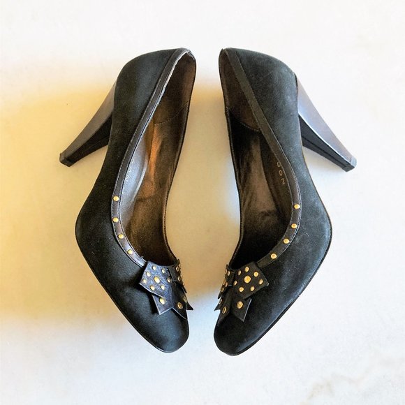 Sacha London black leather high heel pump shoes, western / boho, gold hardware - Picture 7 of 10